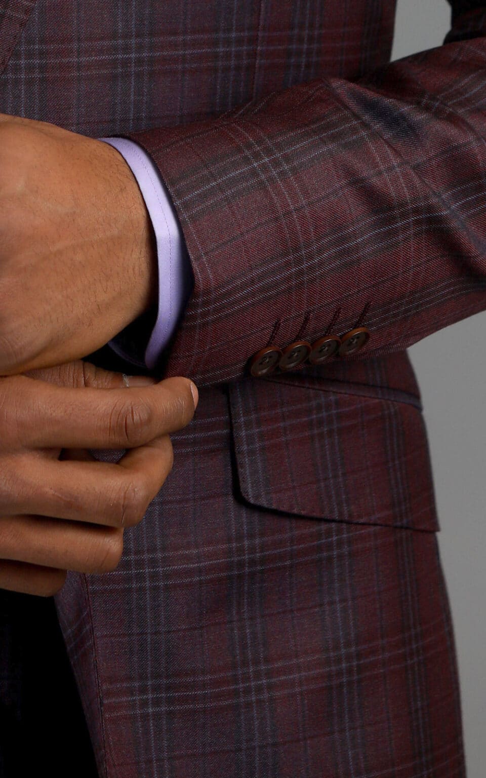 (product) Maroon Plaid MTM Suit, Close-up sleeve with button detail