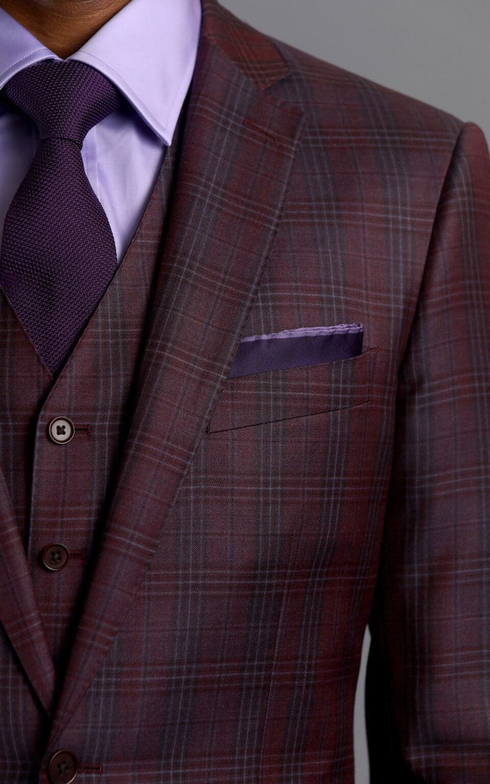 (product) Maroon Plaid MTM Suit, lapel detail