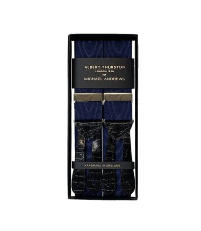 (product) Navy Moire Suspenders w Croc Embossed Ends