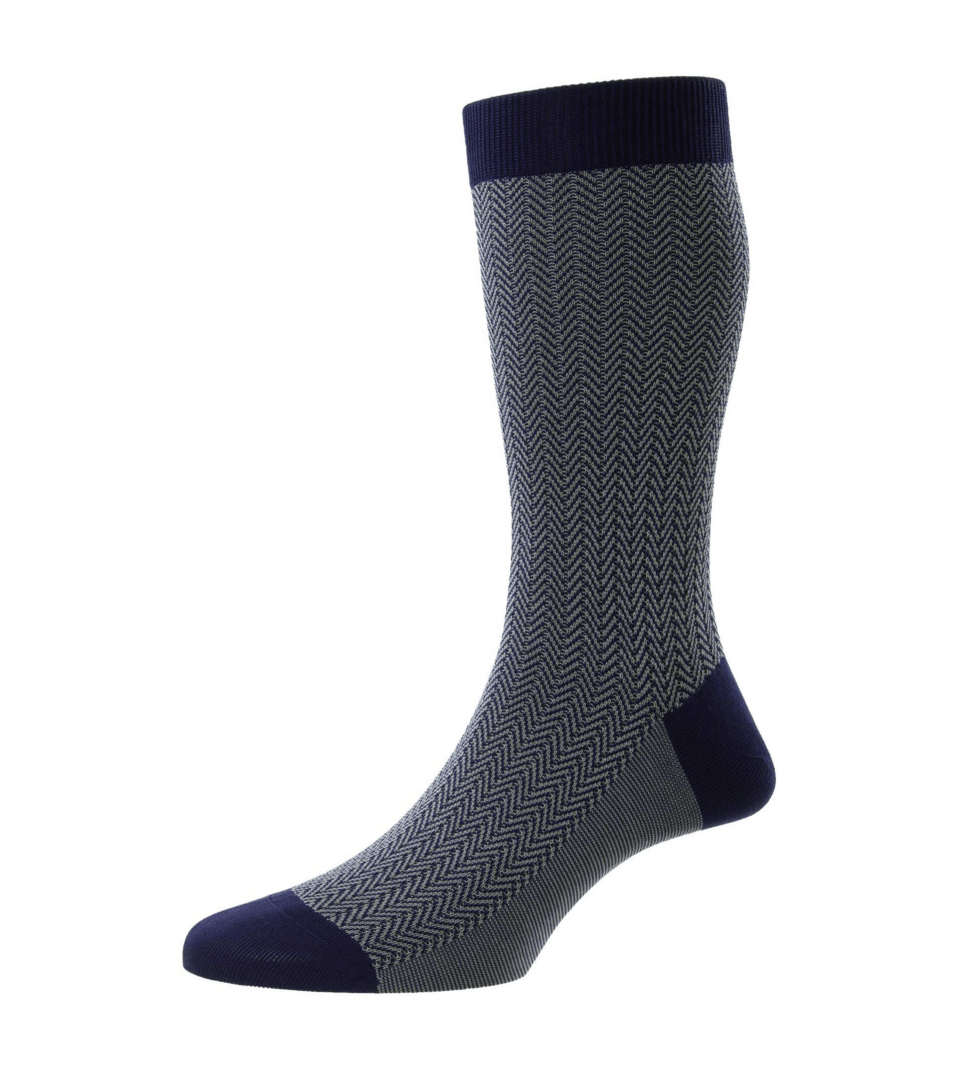 (product) Pantherella Highbury Wool Houndstooth Mid-Calf Socks - Navy