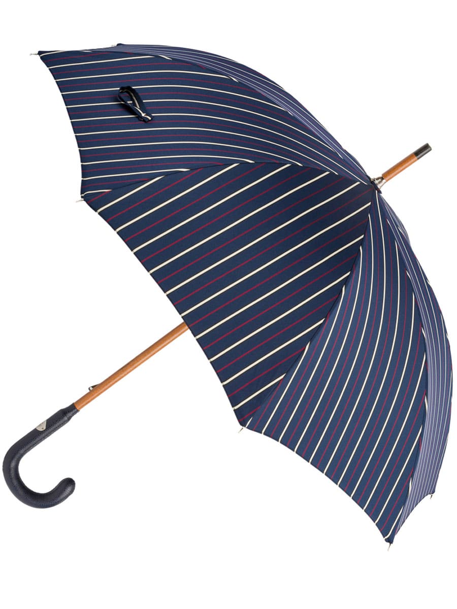 (product) Navy Striped Umbrella with Leather Handle, Open view