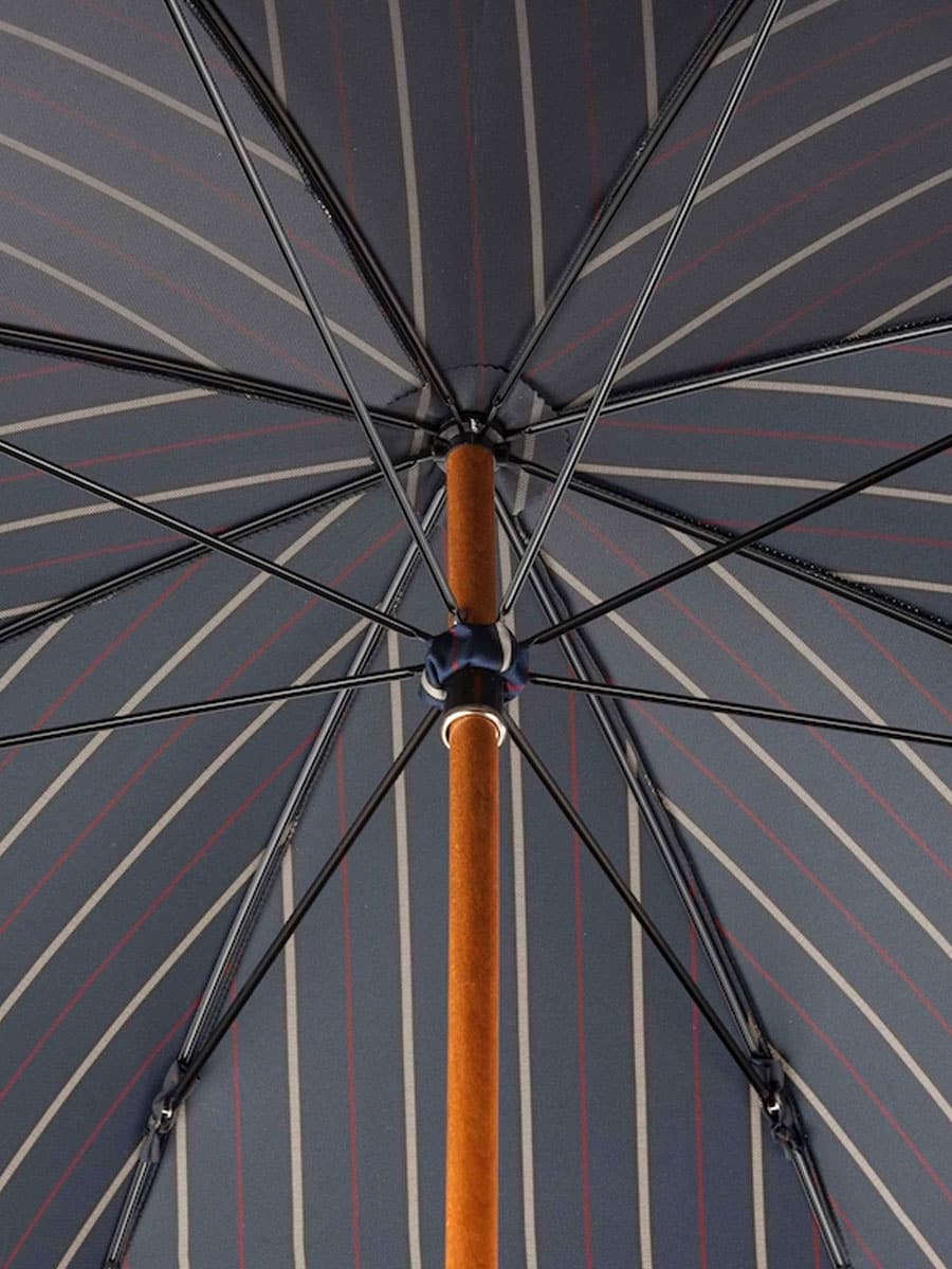 (product) Navy Striped Umbrella with Leather Handle, Inside view