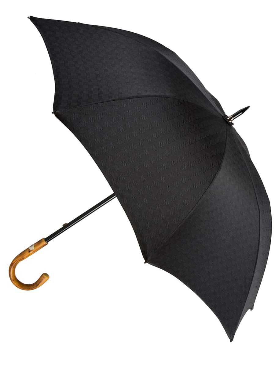 (product) Black Patterned Umbrella with Chestnut Handle, Open view