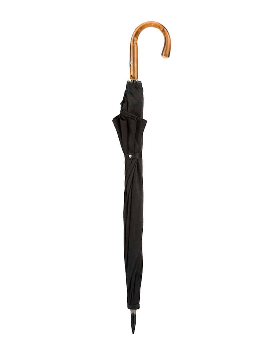 (product) Black Patterned Umbrella with Chestnut Handle, Closed view