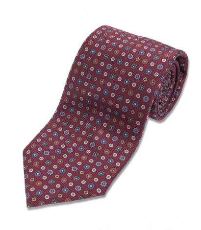 (product) Maroon with Blue & Green Small Medallion Silk Necktie, Rolled