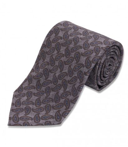 (product) Grey with Blue & Brown Paisley Silk Necktie, Rolled