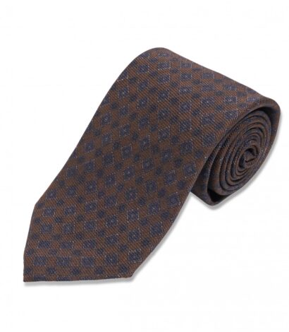 (product) Brown with Blue Medallion Silk Necktie, Rolled