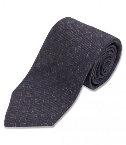 (product) Navy with Brown Medallion Silk Necktie, Rolled