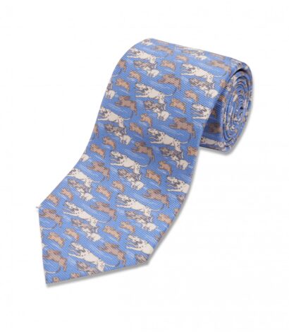 (product) Blue with Tan & White Hounds Silk Necktie, Rolled
