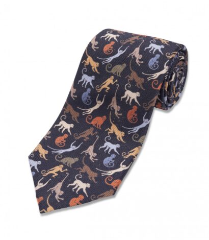 (product) Navy with Tan & White Monkeys Silk Necktie, Rolled