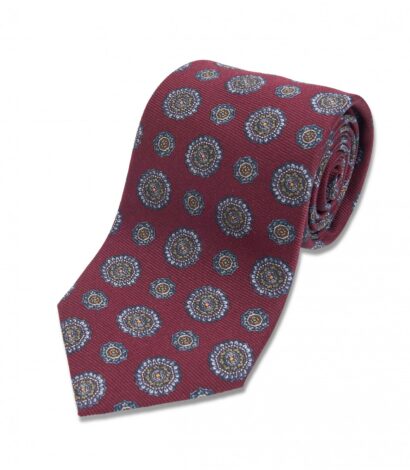 (product) Blue Green, Yellow Medallion Silk Necktie, Rolled