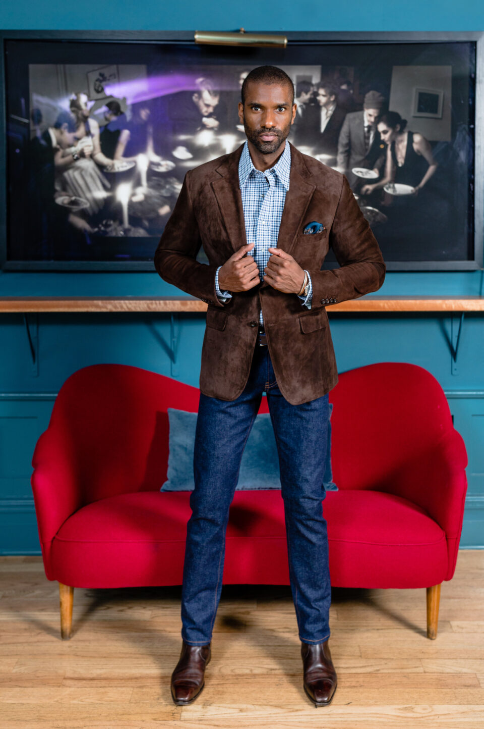 (product) Dk Brown Lamb Suede Sport Coat styled with a light blue checked shirt