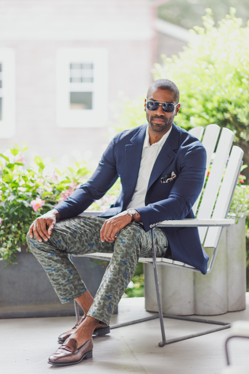 (product) Medium Blue Hopsack Sport Coat styled with a white shirt and pocket square, worn outdoors