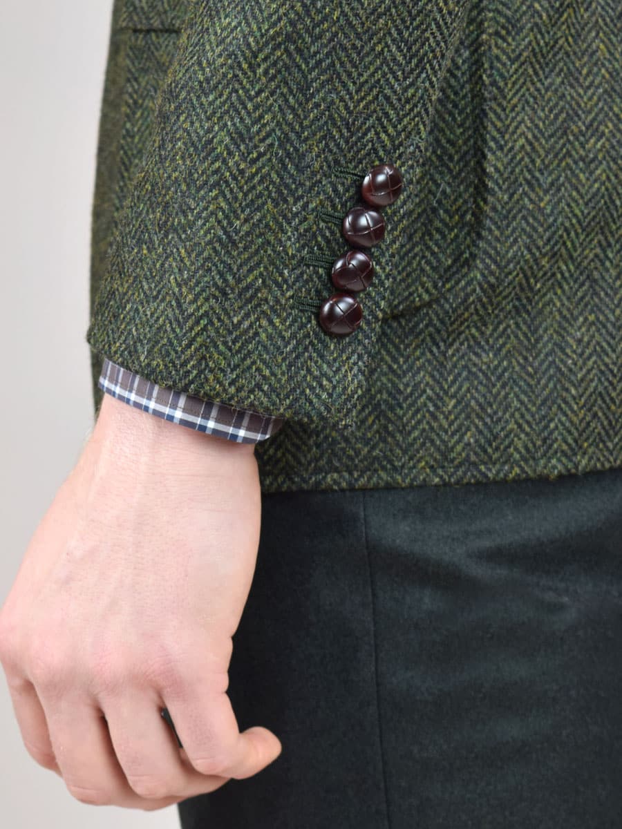 (product) Dark Olive Herringbone Bespoke Hunting Jacket, cuff detail