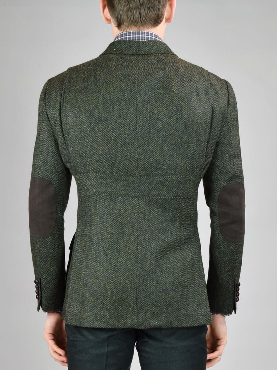 (product) Dark Olive Herringbone Bespoke Hunting Jacket, back view showcasing tailored fit