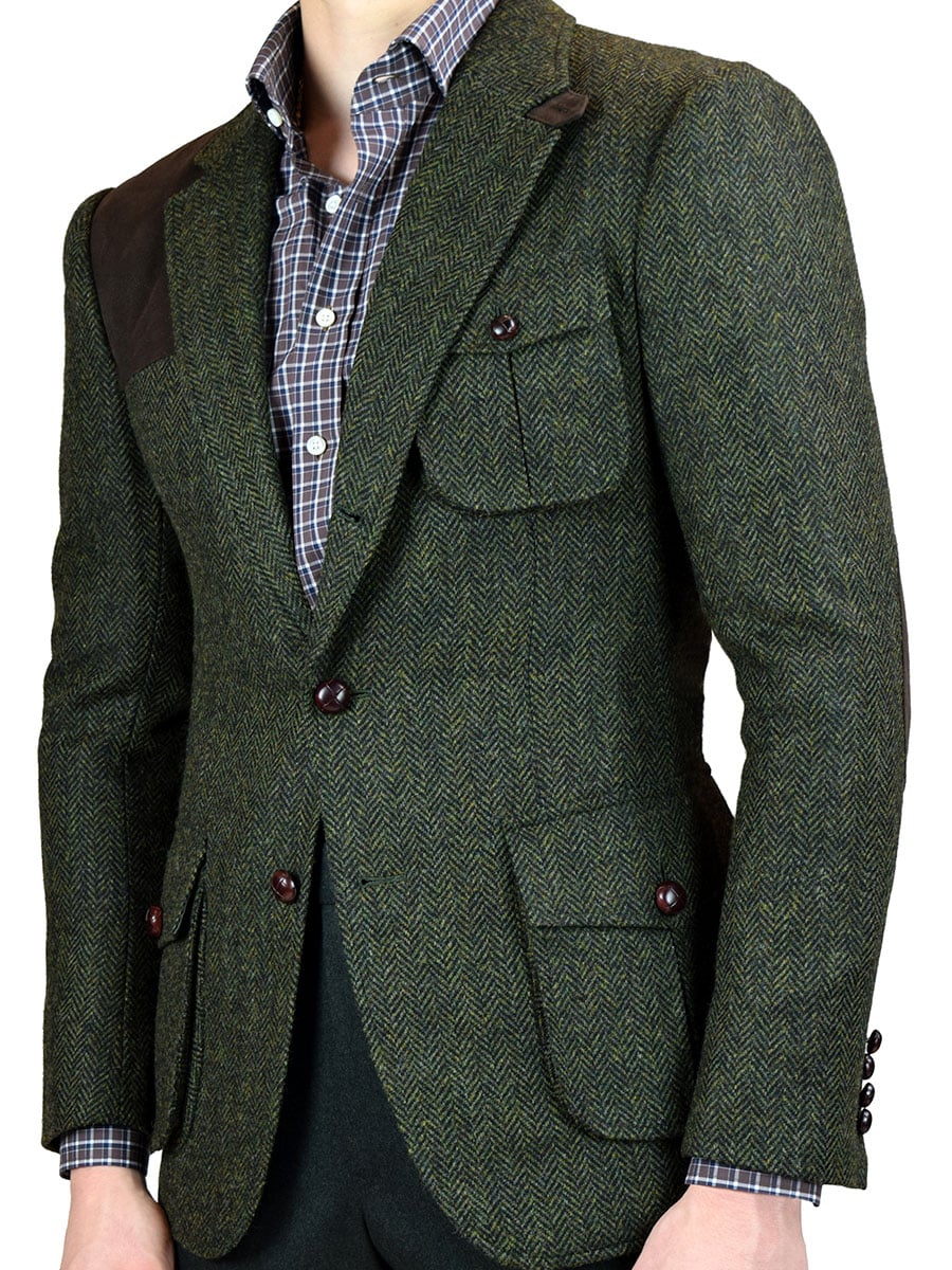 (product) Dark Olive Herringbone Bespoke Hunting Jacket, styled with a plaid shirt
