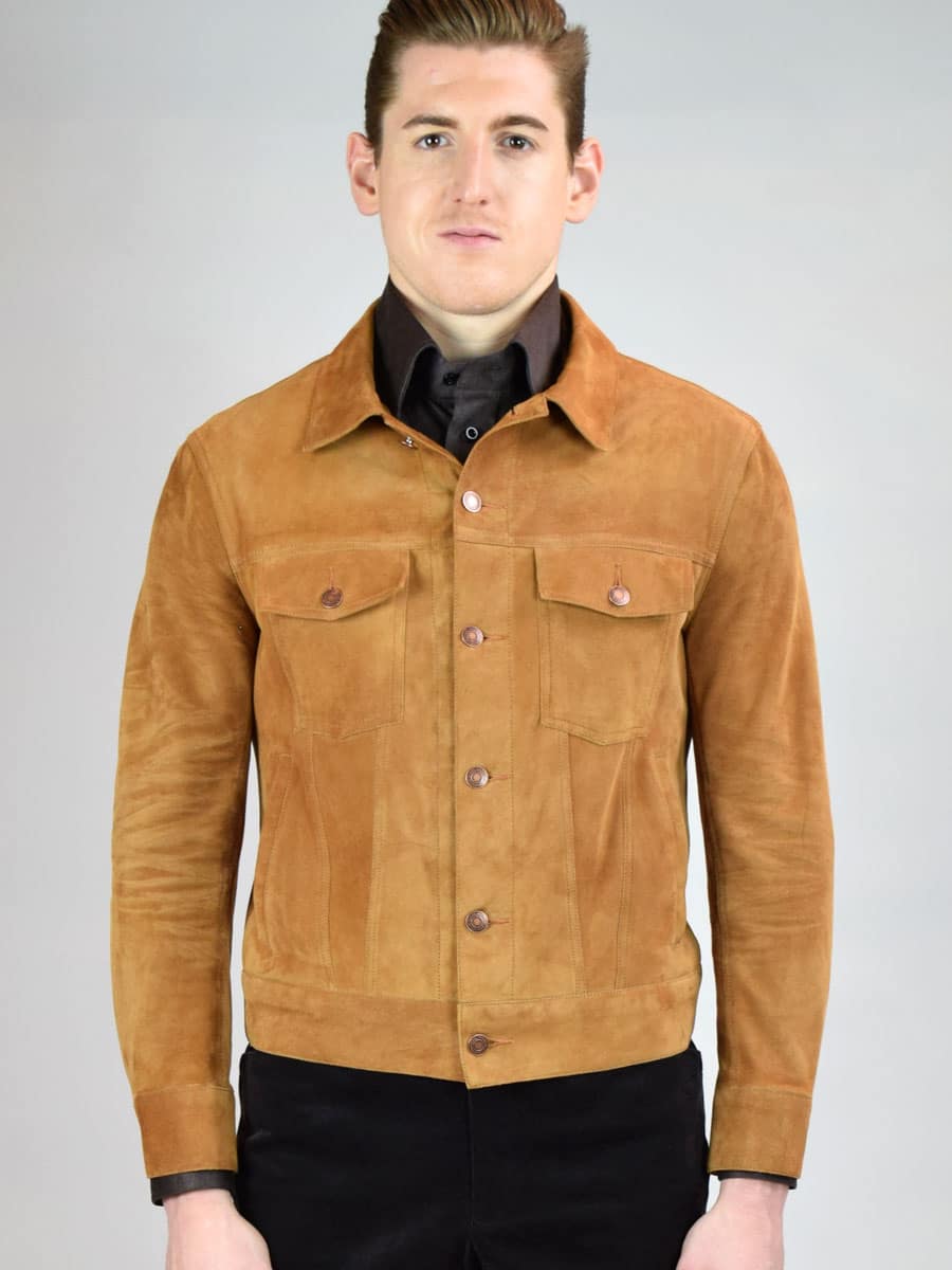(product) Tobacco Suede Bespoke Trucker Jacket, front view styled with a shirt