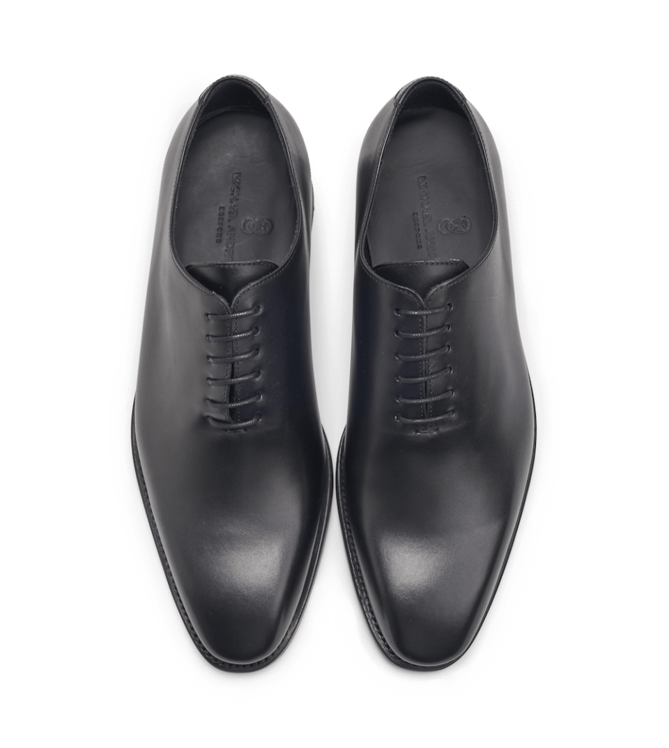 (product) Black Box Calf Whole Cut Lace-Up, Top view of the pair