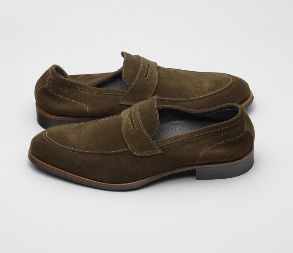 (product) Brera Militare Grey Suede Loafer, Angled view of the pair