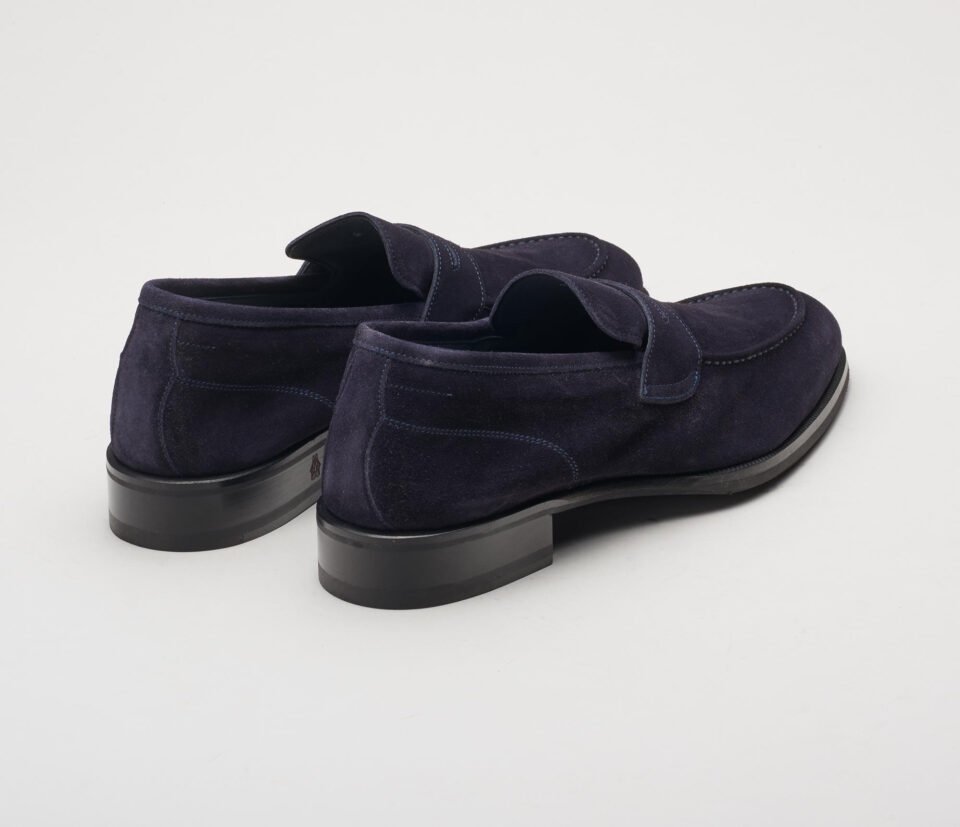 (product) Brera Navy Suede Loafer, Angled pair view