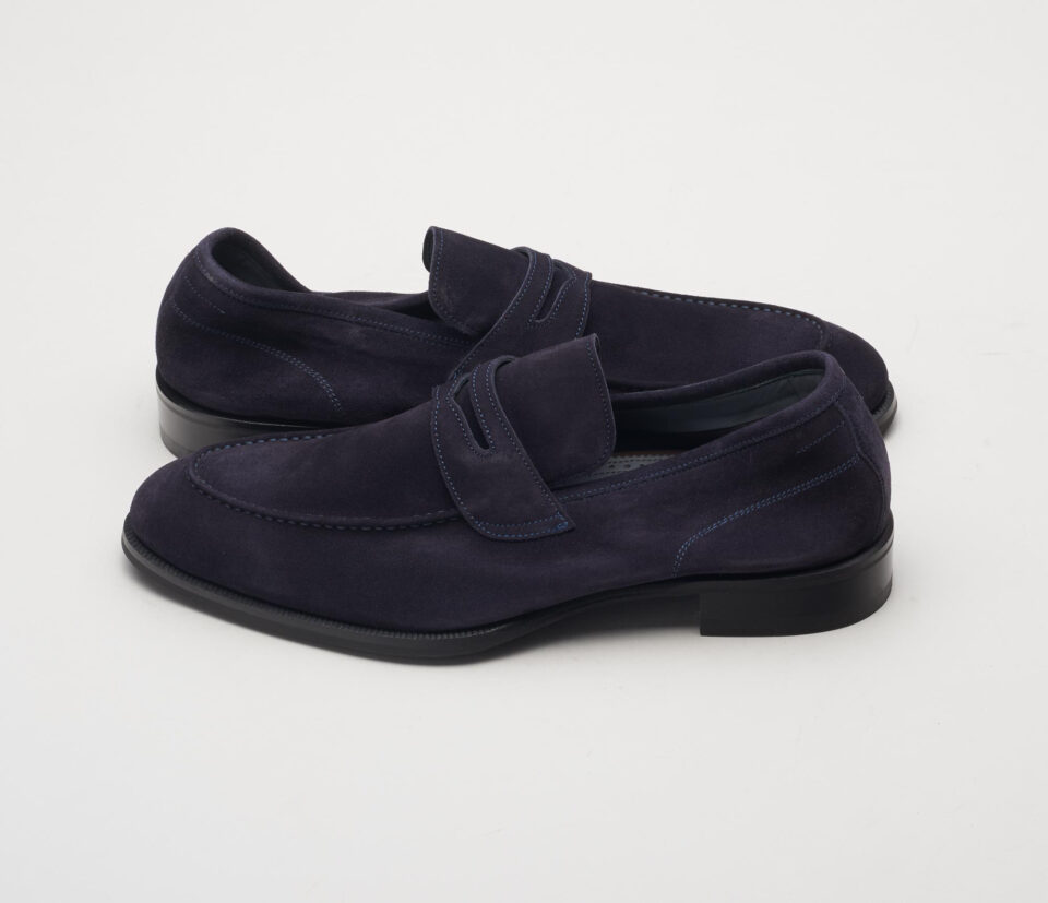 (product) Brera Navy Suede Loafer, Side view of the pair