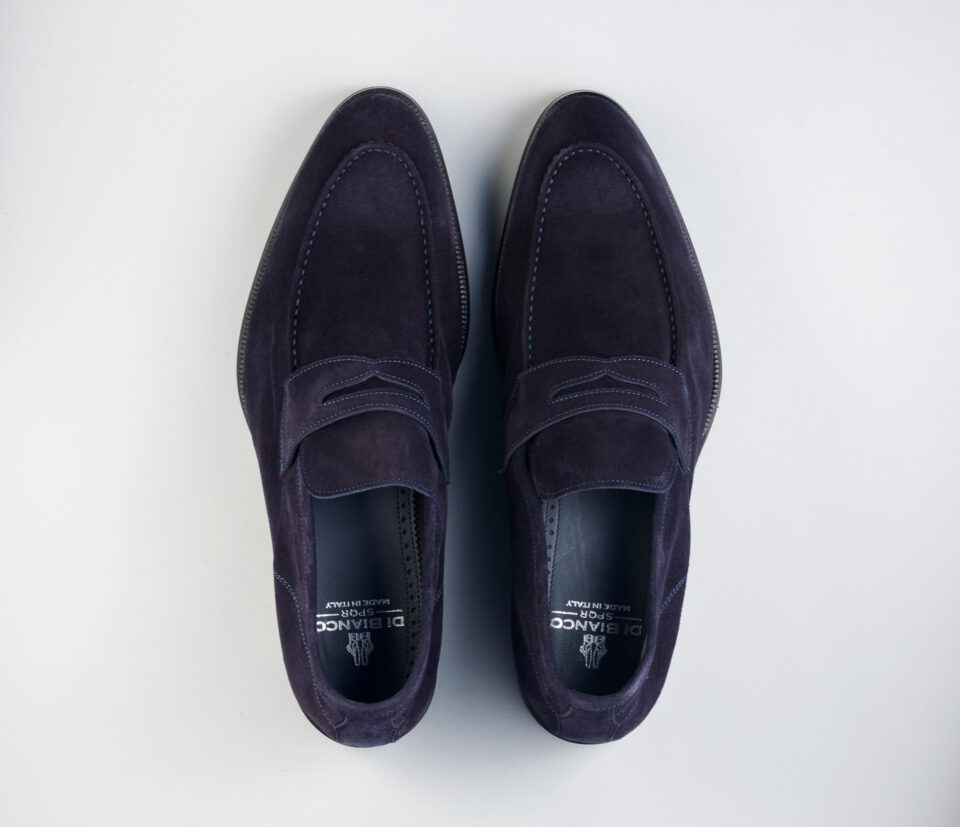 (product) Brera Navy Suede Loafer, Top view of the pair