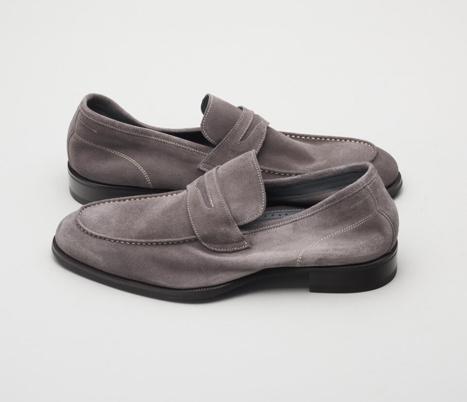 (product) Brera Peltro Grey Suede Loafer, Angled pair view