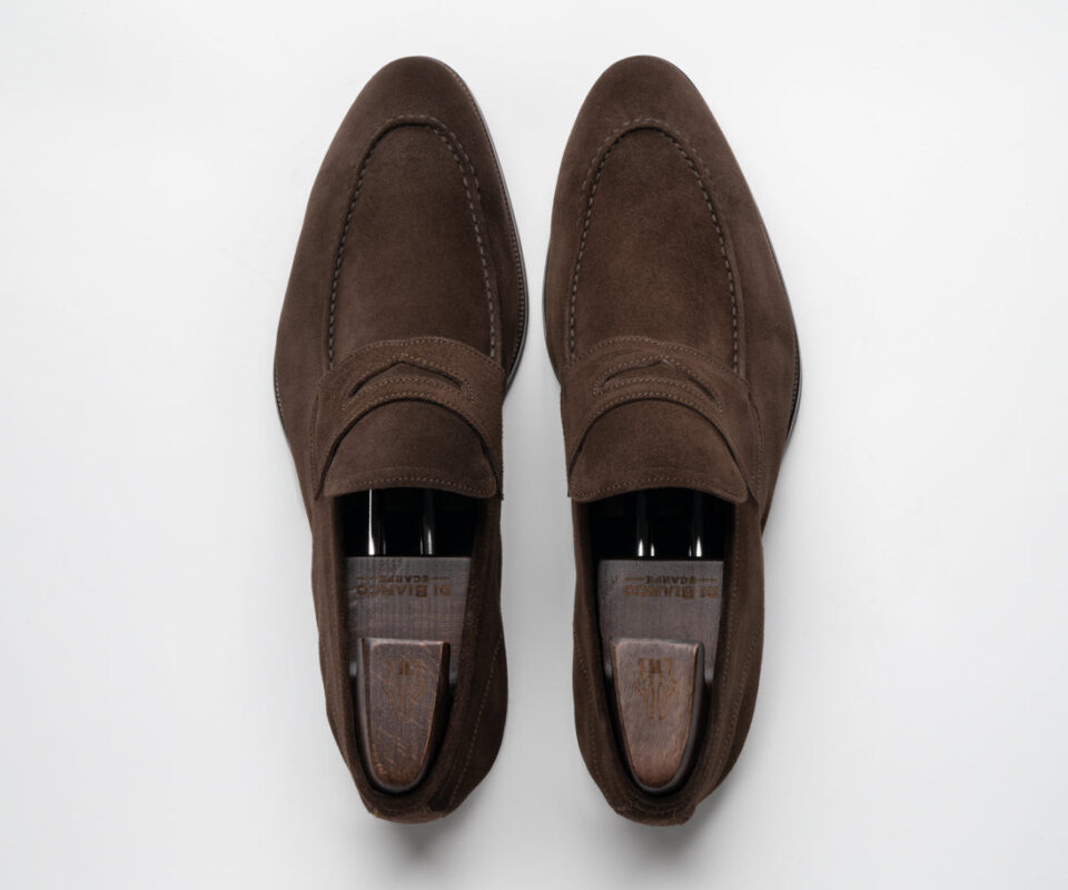 (product) Brera Mogano Suede Loafer, Top view of the pair