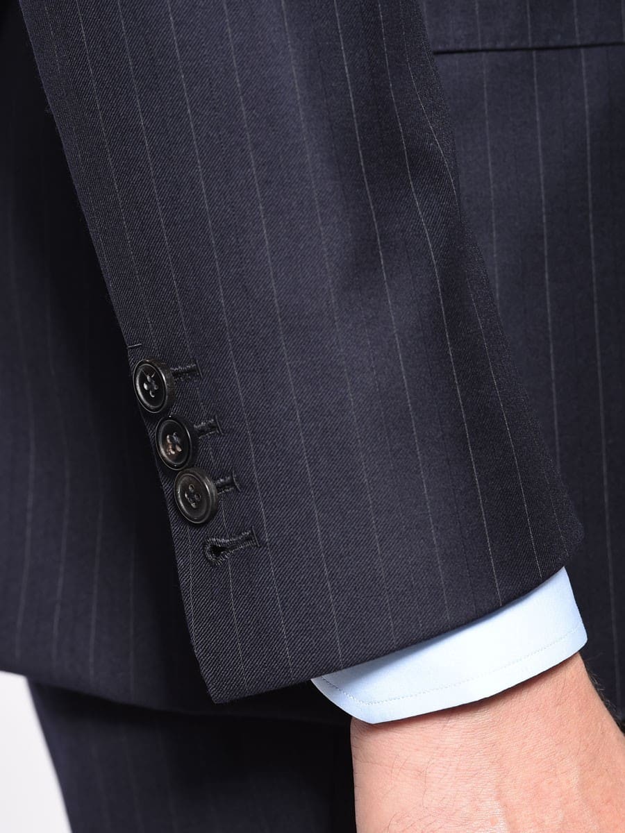 (product) Navy Pinstripe Bespoke Suit, cuff detail