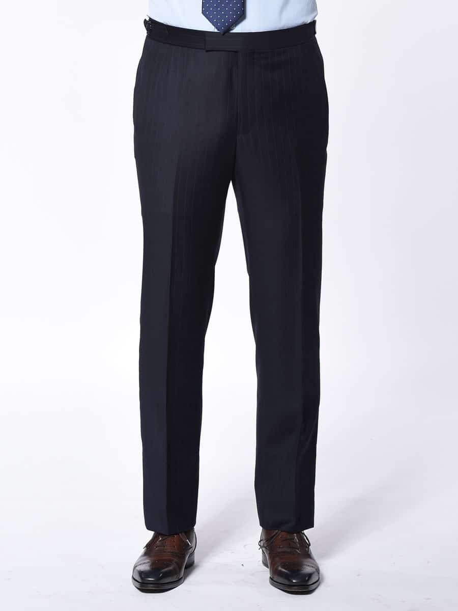 (product) Navy Pinstripe Bespoke Suit, pants detail