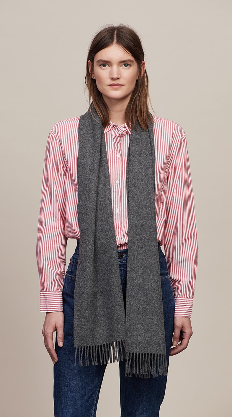 (product) Hematite Grey Classic Cashmere Scarf, Styled