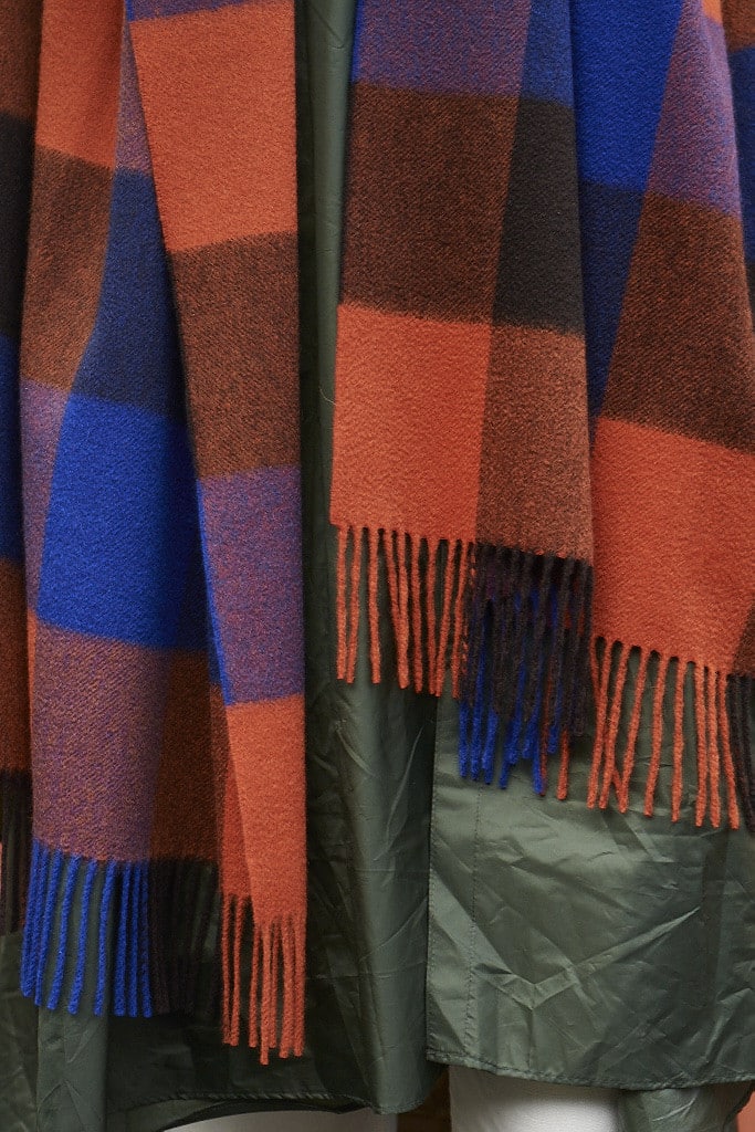 (product) Cobalt Block Check Cashmere Stole, close-up view