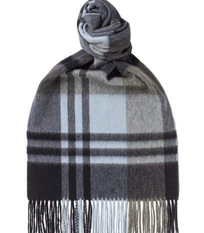 (product) Navy Primary Blackwatch Cashmere Scarf, Knotted