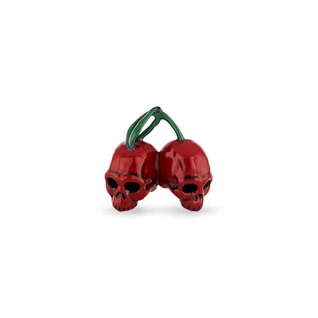(product) Cherries & Skulls Cufflinks, red cherries with skull detailing and green leaves