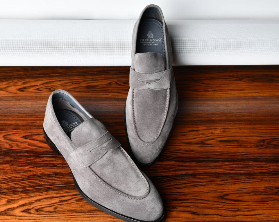 (product) Brera Peltro Grey Suede Loafer, Front view of the pair
