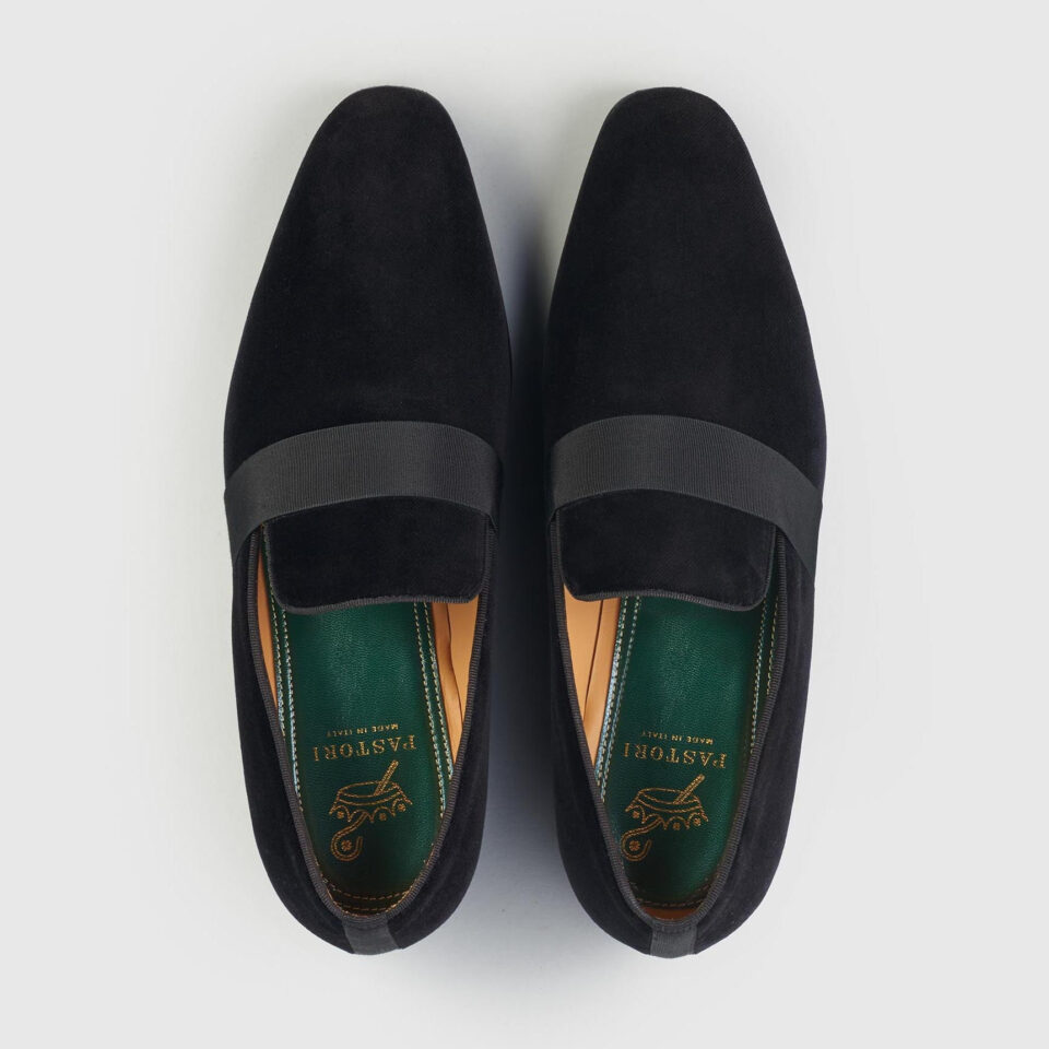 (product) Galba Black Velvet Formal Loafer, Top view of the pair