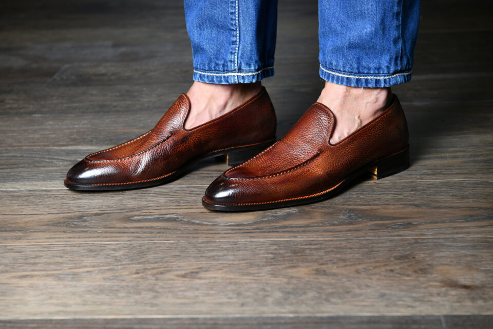 (product) Istria Tan Loafer worn by the model
