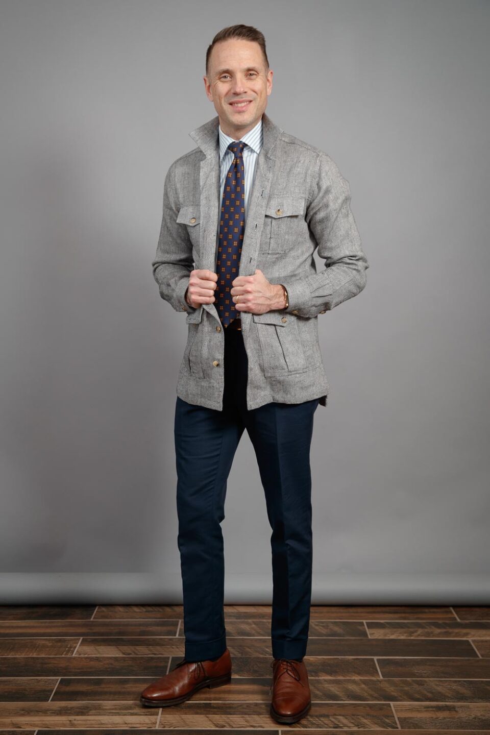 (product) Black & White Herringbone Linen Safari Shirt Jacket