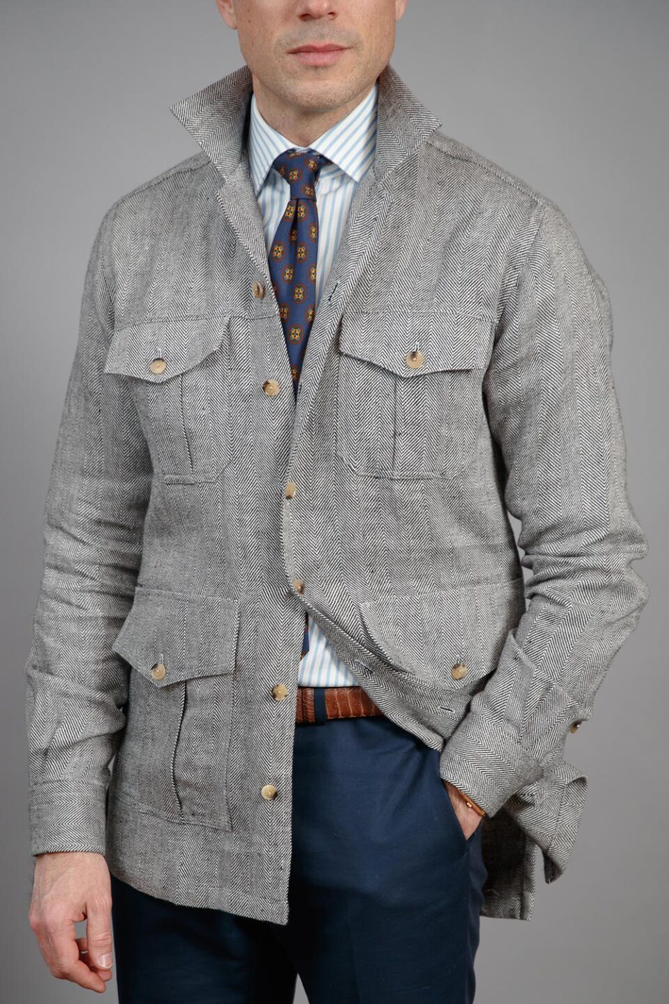 (product) Black & White Herringbone Linen Safari Shirt Jacket