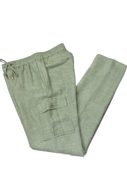 (product) Green Linen Elastic Waist Cargo Pants