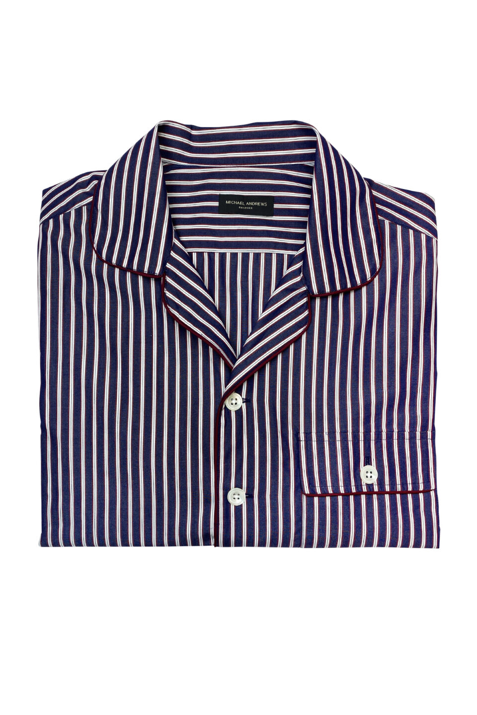 (product) Red & Dark Blue Stripe Pajama Shirt, laid flat to emphasize its casual elegance