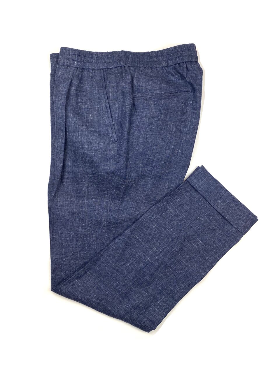 (product) Dark Blue Linen Elastic Waist Pants