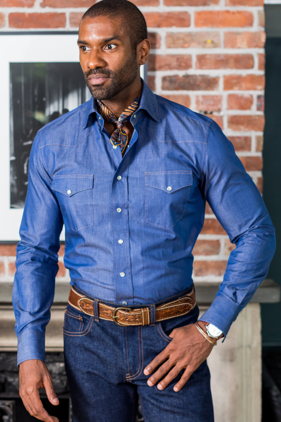 (product) Blue Light-Weight Denim Western Shirt, modeled with casual styling and a modern fit