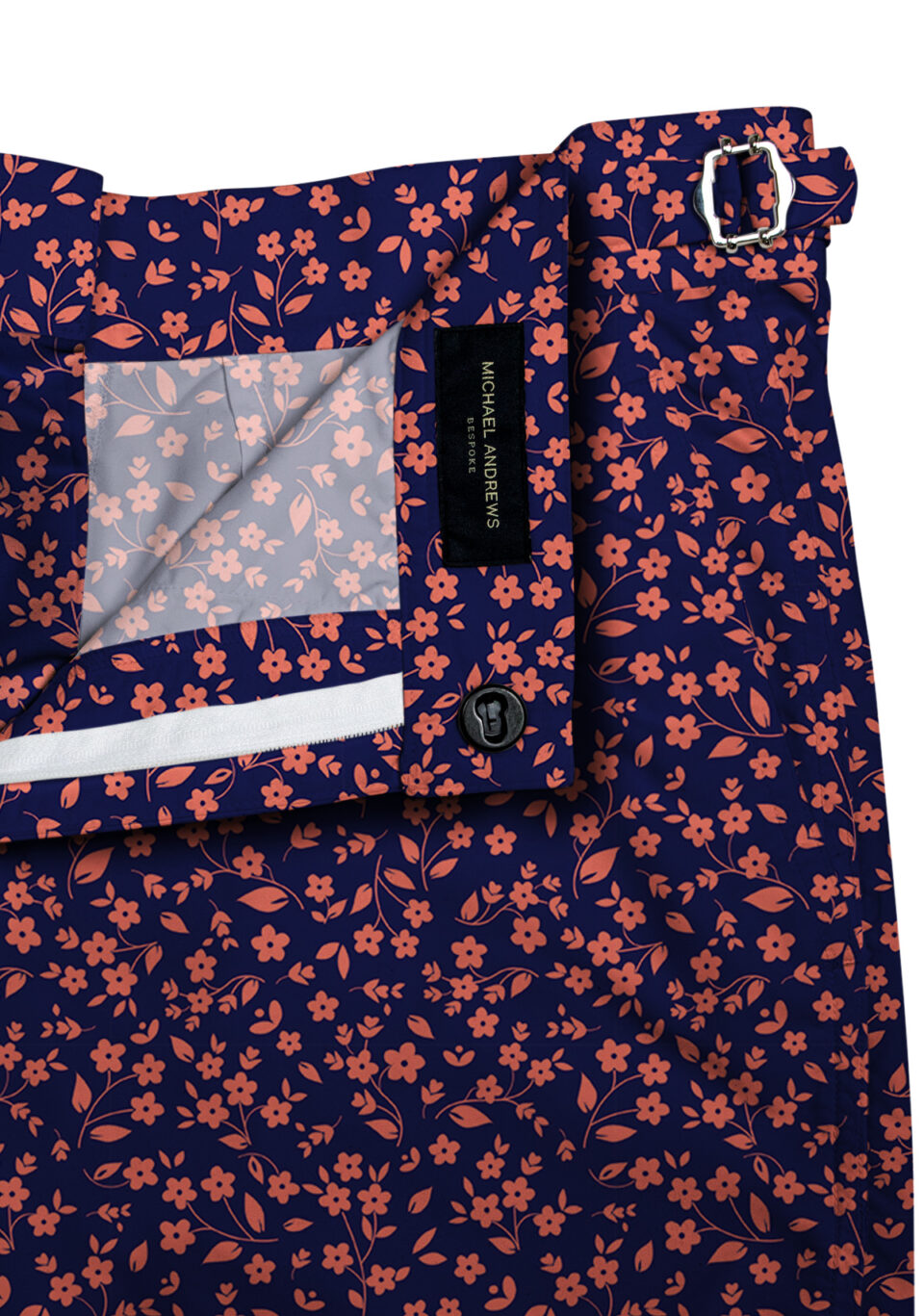 (product) Navy with Salmon Small Flowers Swim Shorts, close-up view