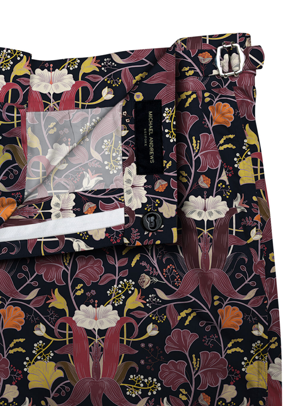 (product) Navy with Burgundy Orchids Swim Shorts, close-up view