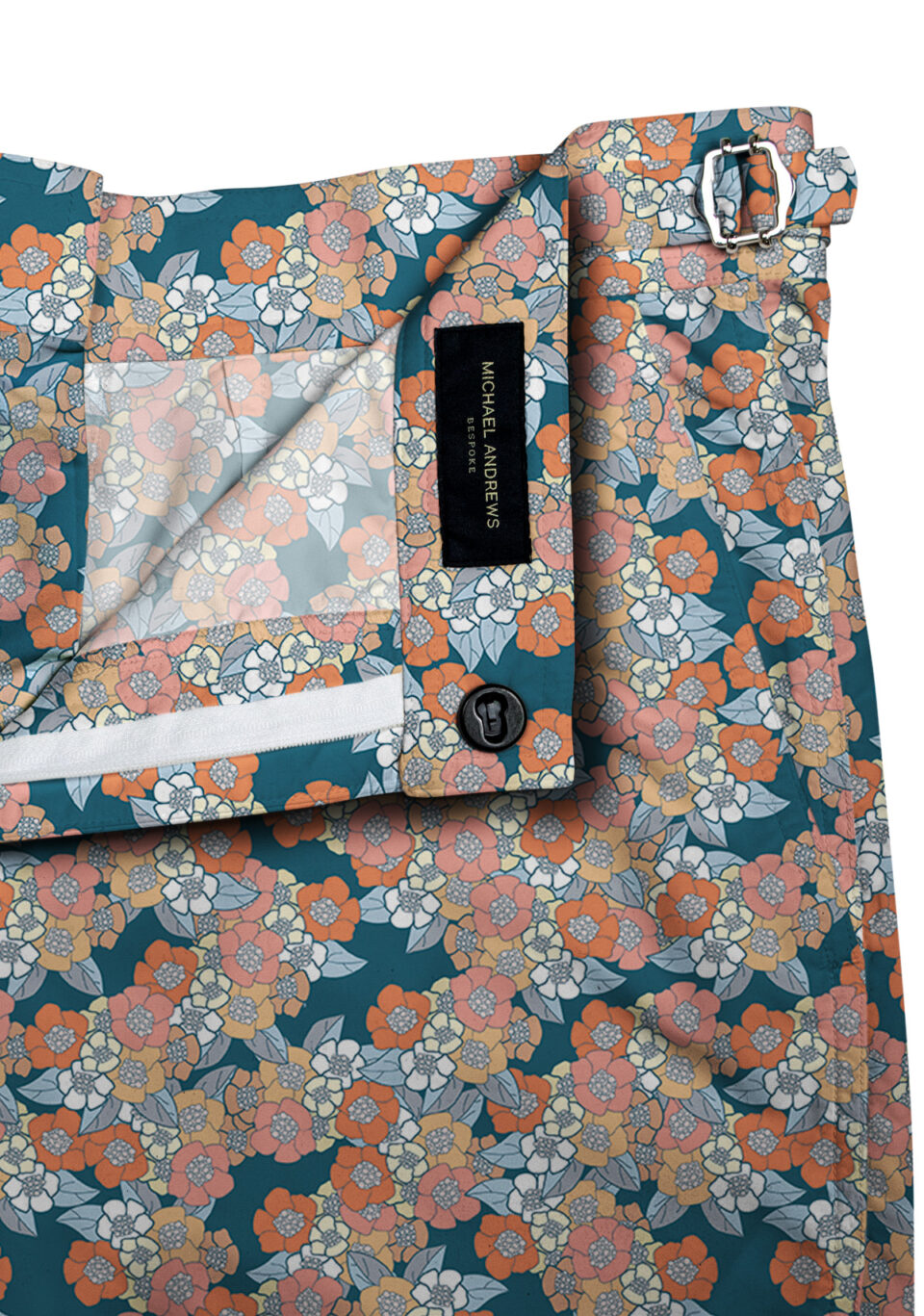 (product) Blue with Orange Flowers Swim Shorts, close-up view