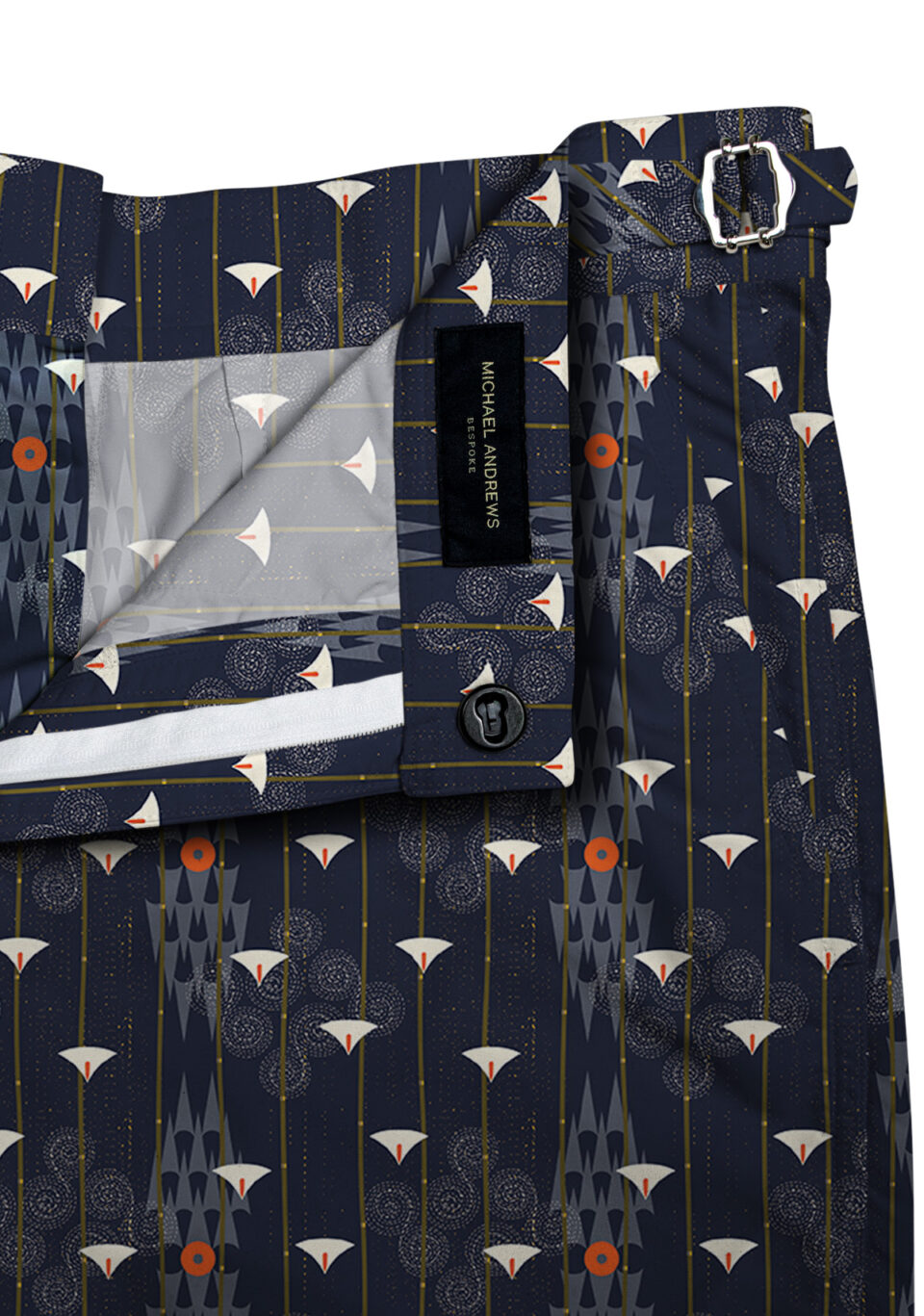 (product) Navy Art Deco Motif Swim Shorts, close-up view