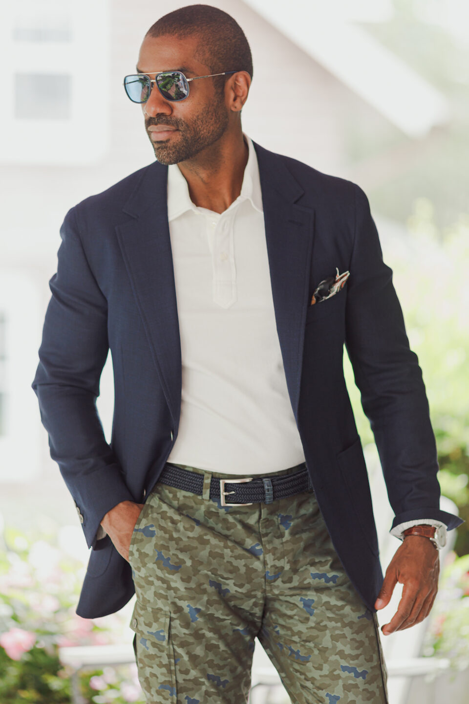 (product) Medium Blue Hopsack Sport Coat, worn by Damion in an outdoor setting