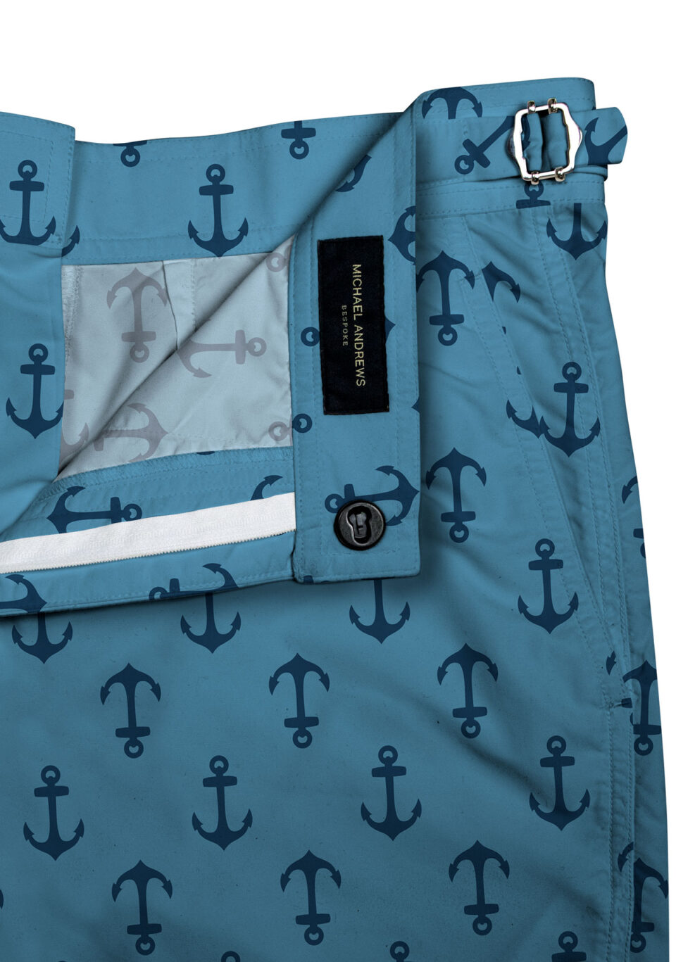 (product) Blue/Navy Anchors Swim Shorts, close-up view showcasing lining and adjustable side tabs