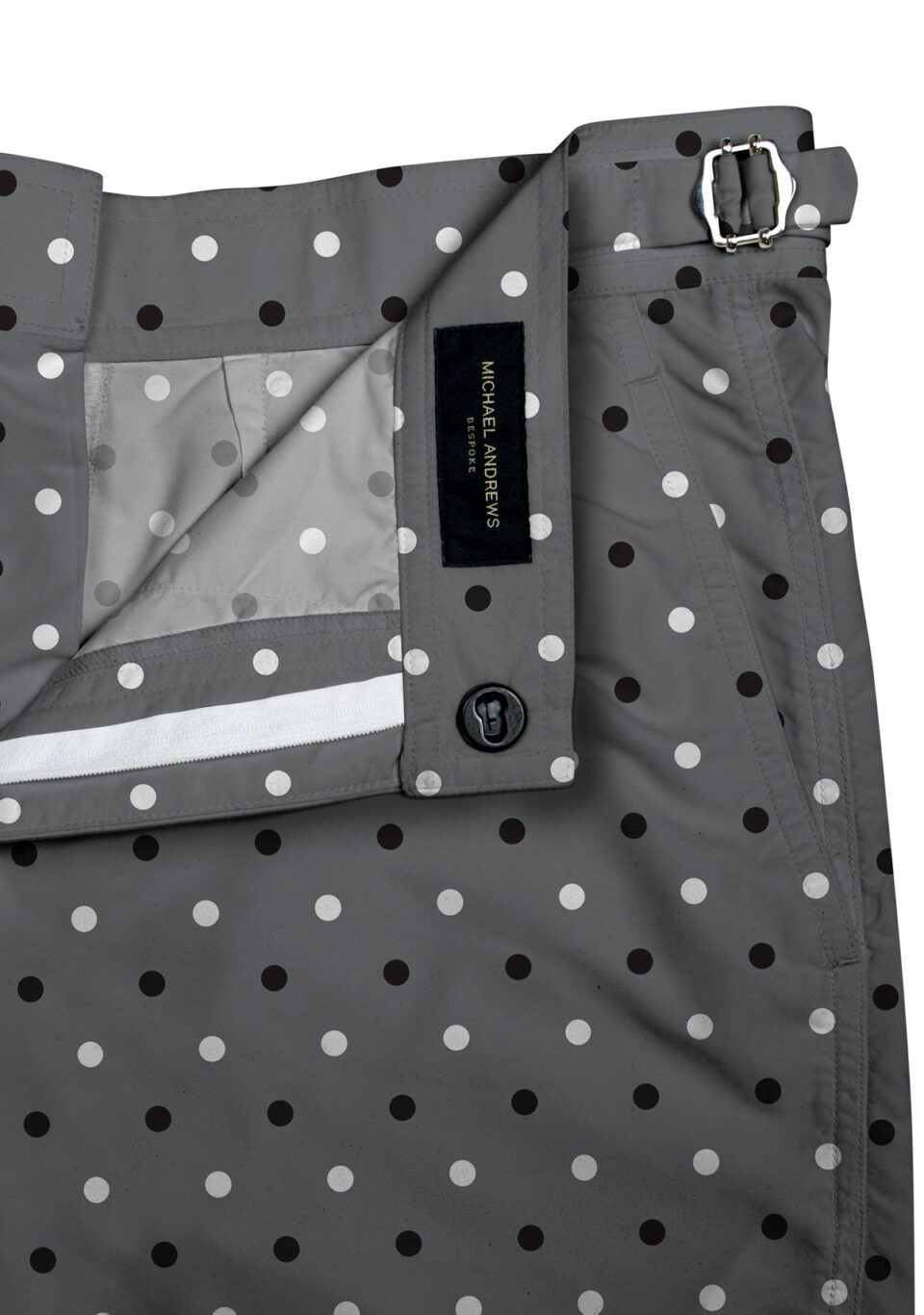 (product) Black/White Polka Dots on Grey Swim Shorts, close-up of waistband details